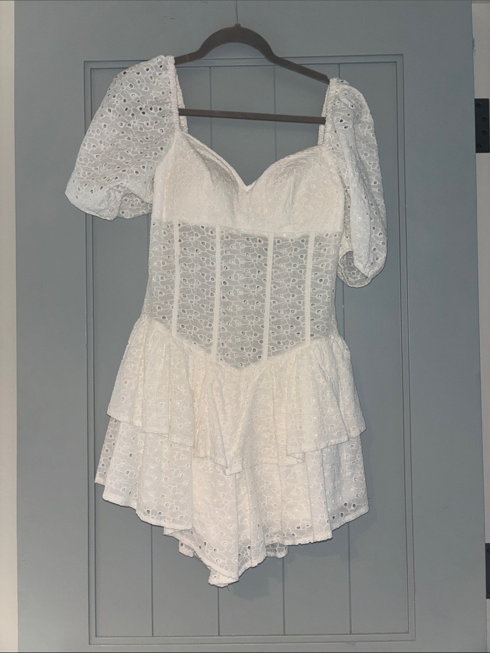 White Eyelet Puff-Sleeve Romper small Blithe